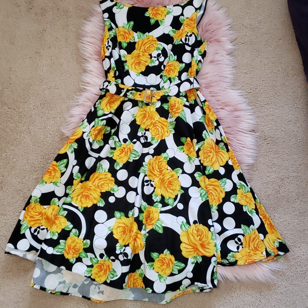 Yellow roses printed cocktail dress